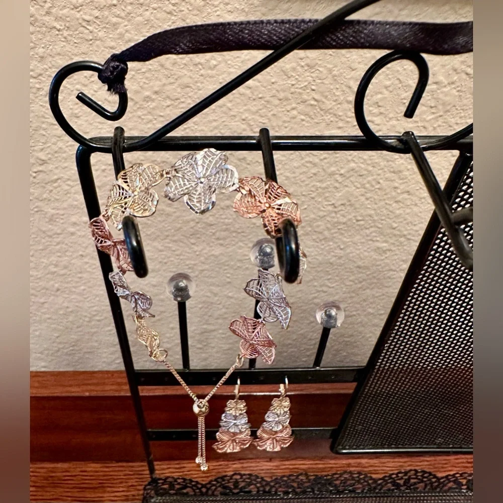 ⭐ AK 925 Turkey Sterling Silver Tri-Tone Leaf Bracelet & Earrings Set - Picture 6 of 6